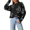 imageDokotoo Sweaters for Women Casual Crewneck Long Sleeve Floral Print Cable Knit Pullover Sweater TopsBlack