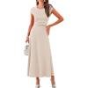 imageDokotoo Womens 2 Piece Summer Outfits Casual Crewneck Short Sleeve Ruched Knit Tops Elastic Waist ALine Midi Skirt SetBeige