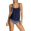 imageDokotoo Womens 2024 Fashion Stripes Print Lined Up Double Up Tankini Sets Swimsuits Bathing Suit Swimwear S3XLNavy