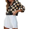 imageDokotoo Womens Checkered V Neck Button Down Long Sleeve Cable Knit Cropped Cardigan Sweaters TopsApricot
