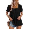 imageDokotoo Womens Hollow Pleated Short Sleeves Square Neck Casual Loose Solid Color Knit T Shirts Tops BlousesBlack
