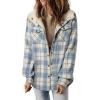 imageDokotoo Womens Plaid Shacket Jacket Long Sleeve Button Down Fleece Hooded Jackets Warm CoatSky Blue