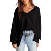 imageDokotoo Womens Waffle Knit Tops Fashion 2025 Long Lantern Sleeve Casual Blouses V Neck Oversized T ShirtsBlack