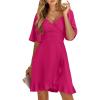 imageDokotoo Womens Wrap V Neck Short Flared Sleeve Wedding Guest Dress Smocked Elastic Waist Tiered Belted Ruffle Hem Mini DressRose Red