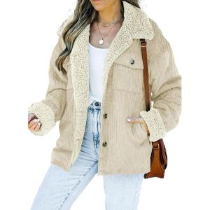 imageDokotoo Corduroy Sherpa Jacket for Women Button Down Fleece Fur Collar Winter Warm CoatA Apricot