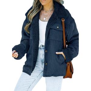 imageDokotoo Corduroy Sherpa Jacket for Women Button Down Fleece Fur Collar Winter Warm CoatA Blue