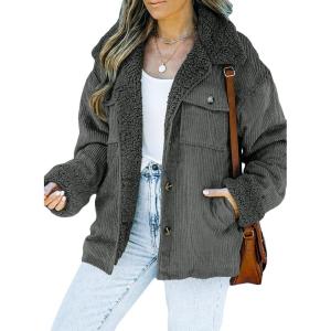 imageDokotoo Corduroy Sherpa Jacket for Women Button Down Fleece Fur Collar Winter Warm CoatA Gray