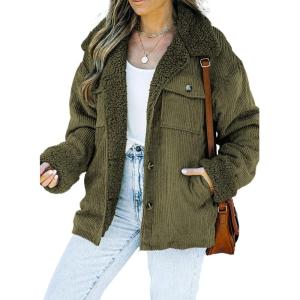 imageDokotoo Corduroy Sherpa Jacket for Women Button Down Fleece Fur Collar Winter Warm CoatA Green