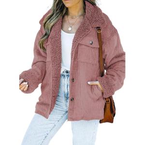 imageDokotoo Corduroy Sherpa Jacket for Women Button Down Fleece Fur Collar Winter Warm CoatA Pink