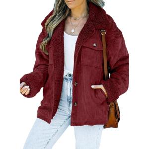 imageDokotoo Corduroy Sherpa Jacket for Women Button Down Fleece Fur Collar Winter Warm CoatA Red