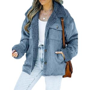 imageDokotoo Corduroy Sherpa Jacket for Women Button Down Fleece Fur Collar Winter Warm CoatA Sky Blue