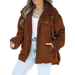 imageDokotoo Corduroy Sherpa Jacket for Women Button Down Fleece Fur Collar Winter Warm CoatA1 Brown