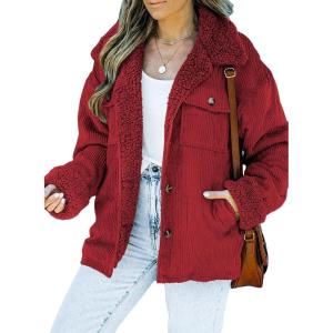 imageDokotoo Corduroy Sherpa Jacket for Women Button Down Fleece Fur Collar Winter Warm CoatA1 Red