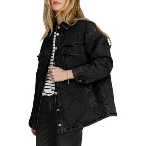 imageDokotoo Denim Jacket for Women Fashion Solid Oversized Long Sleeve Button Down Shacket Jacket Coat with PocketsBlack
