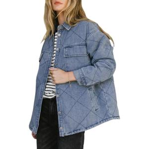 imageDokotoo Denim Jacket for Women Fashion Solid Oversized Long Sleeve Button Down Shacket Jacket Coat with PocketsBlue