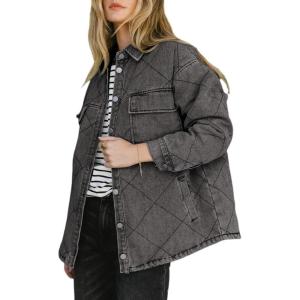 imageDokotoo Denim Jacket for Women Fashion Solid Oversized Long Sleeve Button Down Shacket Jacket Coat with PocketsGray
