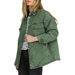 imageDokotoo Denim Jacket for Women Fashion Solid Oversized Long Sleeve Button Down Shacket Jacket Coat with PocketsGreen
