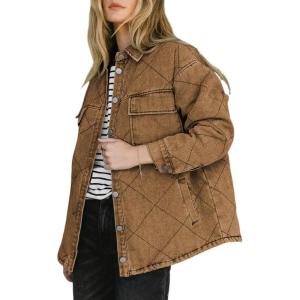 imageDokotoo Denim Jacket for Women Fashion Solid Oversized Long Sleeve Button Down Shacket Jacket Coat with PocketsKhaki
