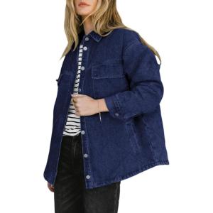 imageDokotoo Denim Jacket for Women Fashion Solid Oversized Long Sleeve Button Down Shacket Jacket Coat with PocketsNavy Blue