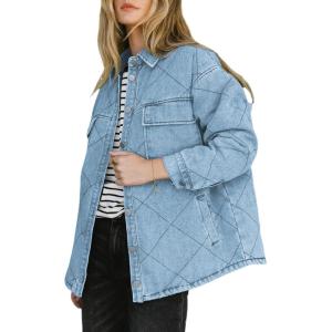 imageDokotoo Denim Jacket for Women Fashion Solid Oversized Long Sleeve Button Down Shacket Jacket Coat with PocketsSky Blue