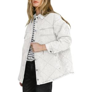 imageDokotoo Denim Jacket for Women Fashion Solid Oversized Long Sleeve Button Down Shacket Jacket Coat with PocketsWhite