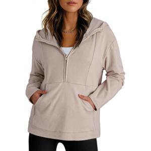 imageDokotoo Hoodies for Women Soft Fleece Half Zip Up Hoodie Long Sleeve Casual Pullover Oversized Sweatshirt Hooded TopsBeige