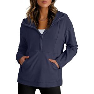 imageDokotoo Hoodies for Women Soft Fleece Half Zip Up Hoodie Long Sleeve Casual Pullover Oversized Sweatshirt Hooded TopsBlue