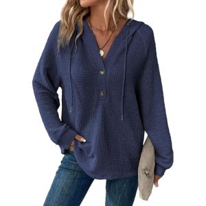 imageDokotoo Hoodies for Women Waffle Knit Long Sleeve Drawstring Button V Neck Casual Pullover Sweatshirt Hooded TopsBlue