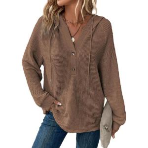 imageDokotoo Hoodies for Women Waffle Knit Long Sleeve Drawstring Button V Neck Casual Pullover Sweatshirt Hooded TopsBrown