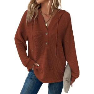 imageDokotoo Hoodies for Women Waffle Knit Long Sleeve Drawstring Button V Neck Casual Pullover Sweatshirt Hooded TopsCinnamon