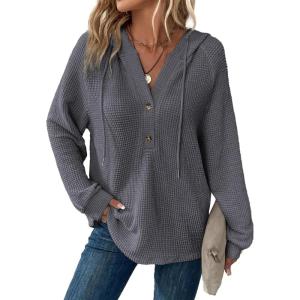 imageDokotoo Hoodies for Women Waffle Knit Long Sleeve Drawstring Button V Neck Casual Pullover Sweatshirt Hooded TopsDark Grey