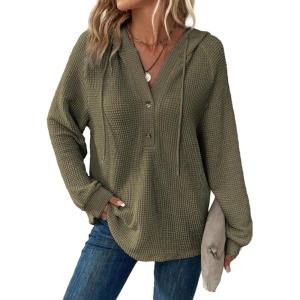 imageDokotoo Hoodies for Women Waffle Knit Long Sleeve Drawstring Button V Neck Casual Pullover Sweatshirt Hooded TopsGreen