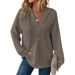 imageDokotoo Hoodies for Women Waffle Knit Long Sleeve Drawstring Button V Neck Casual Pullover Sweatshirt Hooded TopsGrey