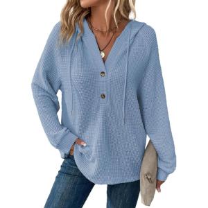 imageDokotoo Hoodies for Women Waffle Knit Long Sleeve Drawstring Button V Neck Casual Pullover Sweatshirt Hooded TopsLight Blue