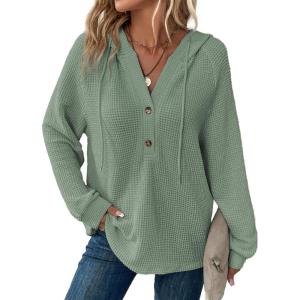 imageDokotoo Hoodies for Women Waffle Knit Long Sleeve Drawstring Button V Neck Casual Pullover Sweatshirt Hooded TopsLight Green