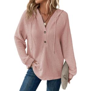 imageDokotoo Hoodies for Women Waffle Knit Long Sleeve Drawstring Button V Neck Casual Pullover Sweatshirt Hooded TopsPink