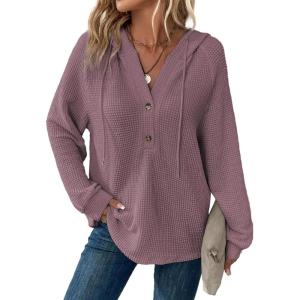 imageDokotoo Hoodies for Women Waffle Knit Long Sleeve Drawstring Button V Neck Casual Pullover Sweatshirt Hooded TopsPurple