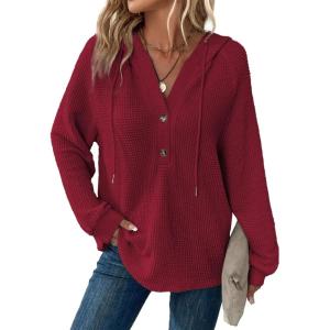 imageDokotoo Hoodies for Women Waffle Knit Long Sleeve Drawstring Button V Neck Casual Pullover Sweatshirt Hooded TopsRed