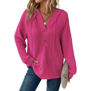 imageDokotoo Hoodies for Women Waffle Knit Long Sleeve Drawstring Button V Neck Casual Pullover Sweatshirt Hooded TopsRosy