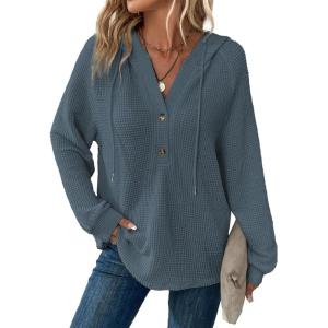 imageDokotoo Hoodies for Women Waffle Knit Long Sleeve Drawstring Button V Neck Casual Pullover Sweatshirt Hooded TopsTeal