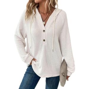 imageDokotoo Hoodies for Women Waffle Knit Long Sleeve Drawstring Button V Neck Casual Pullover Sweatshirt Hooded TopsWhite