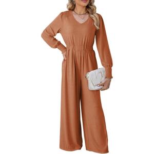 imageDokotoo Lantern Long Sleeve Jumpsuit Wrapped V Neck Elegant for Womens Dressy Casual 2024 Fall One Piece Romper OutfitsB Cinnamon