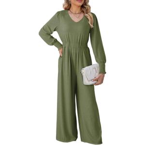 imageDokotoo Lantern Long Sleeve Jumpsuit Wrapped V Neck Elegant for Womens Dressy Casual 2024 Fall One Piece Romper OutfitsB Grass Green