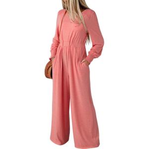 imageDokotoo Lantern Long Sleeve Jumpsuit Wrapped V Neck Elegant for Womens Dressy Casual 2024 Fall One Piece Romper OutfitsB Peach Blossom