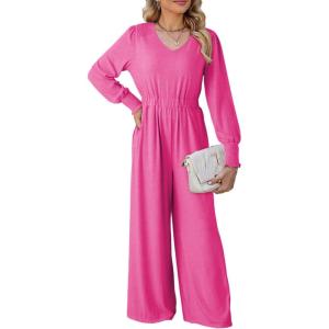 imageDokotoo Lantern Long Sleeve Jumpsuit Wrapped V Neck Elegant for Womens Dressy Casual 2024 Fall One Piece Romper OutfitsB Rose Red