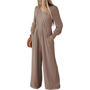 imageDokotoo Lantern Long Sleeve Jumpsuit Wrapped V Neck Elegant for Womens Dressy Casual 2024 Fall One Piece Romper OutfitsB Simply Taupe