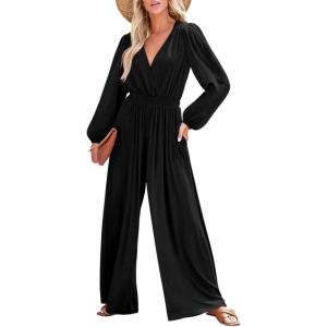imageDokotoo Lantern Long Sleeve Jumpsuit Wrapped V Neck Elegant for Womens Dressy Casual 2024 Fall One Piece Romper OutfitsBlack
