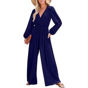 imageDokotoo Lantern Long Sleeve Jumpsuit Wrapped V Neck Elegant for Womens Dressy Casual 2024 Fall One Piece Romper OutfitsDark Blue