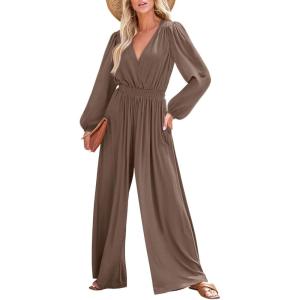 imageDokotoo Lantern Long Sleeve Jumpsuit Wrapped V Neck Elegant for Womens Dressy Casual 2024 Fall One Piece Romper OutfitsDark Brown