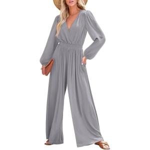 imageDokotoo Lantern Long Sleeve Jumpsuit Wrapped V Neck Elegant for Womens Dressy Casual 2024 Fall One Piece Romper OutfitsGray